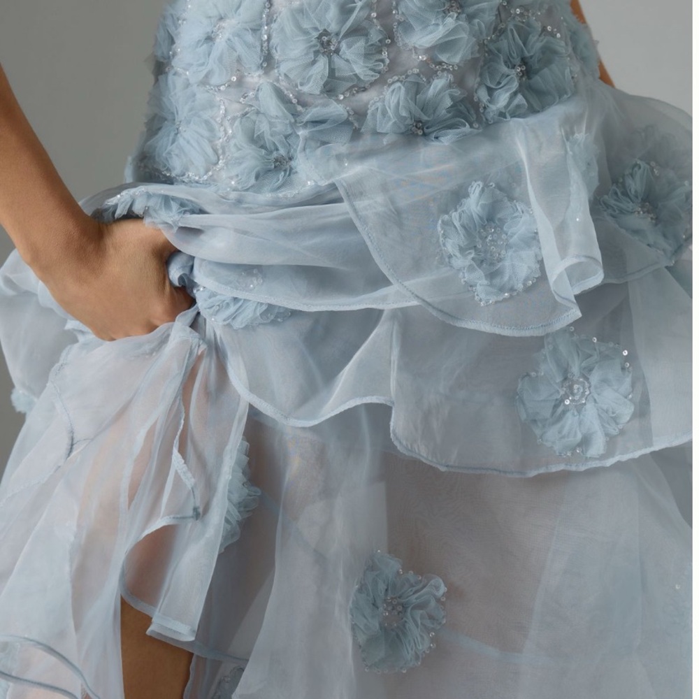 LoveShackFancy Light Blue Layered Skirt - Grover Tiered Floral Appliqué Skirt - Picture 4 of 8